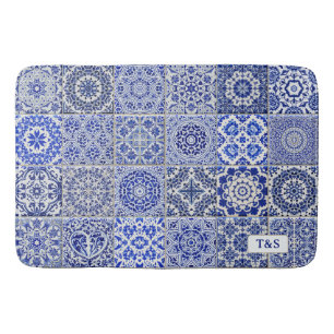 Traditional Tiled Look for Couples Blue & White Bath Mat