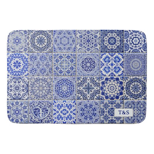 Traditional Tiled Look for Couples Blue  White Bath Mat
