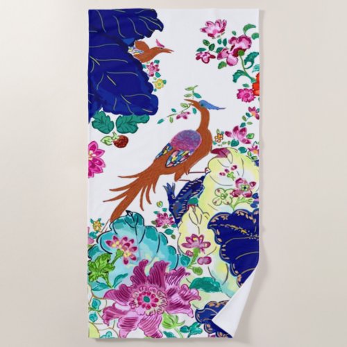 Traditional Tobacco Leaf Pattern Flowers  Birds Beach Towel