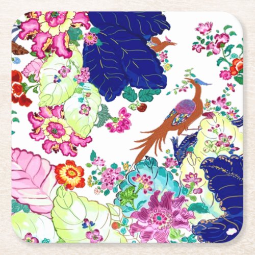 Traditional Tobacco Leaf Pattern Flowers  Birds Square Paper Coaster