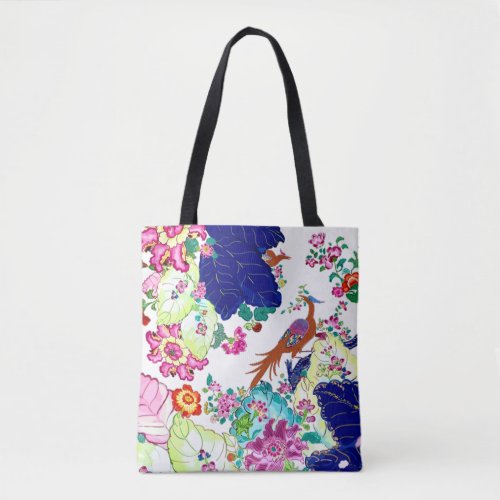 Traditional Tobacco Leaf Pattern Flowers  Birds Tote Bag