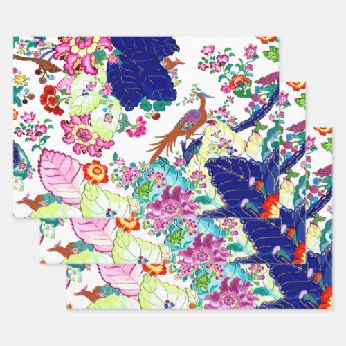 Traditional Tobacco Leaf Pattern Flowers  Birds Wrapping Paper Sheets