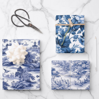Traditional Toile de Jouy, Blue Willow Patterns Wrapping Paper Sheets
