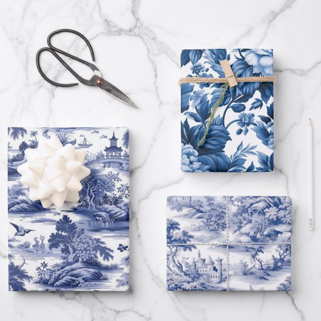 Traditional Toile de Jouy, Blue Willow Patterns Wrapping Paper Sheets (Front)