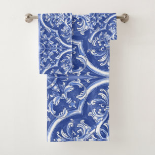 Traditional Tribal Watercolor Portuguese Azulejos Bath Towel Set