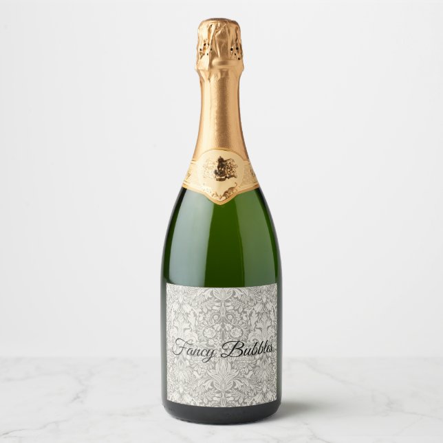 Traditional Understated Formal White Damask Sparkling Wine Label (Front)