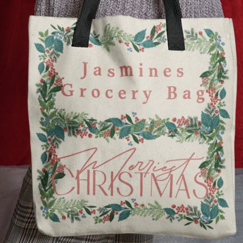 Traditional Unique Custom Text Botanical Christmas Tote Bag