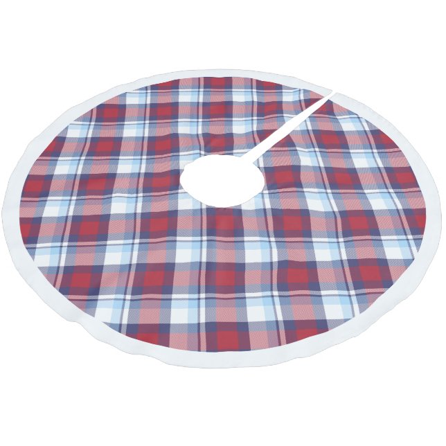 Traditional USA Red White Blue Tartan Pattern Brushed Polyester Tree Skirt (Angled)