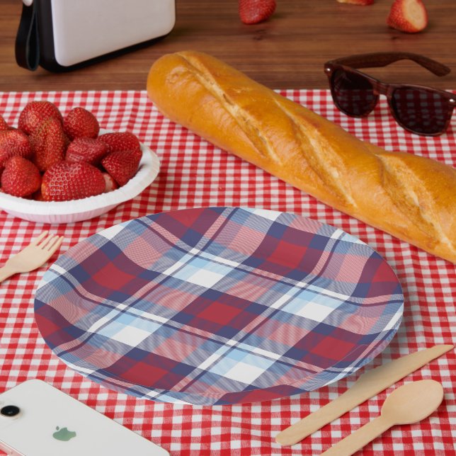 Traditional USA Red White Blue Tartan Pattern Paper Plates (Picnic)