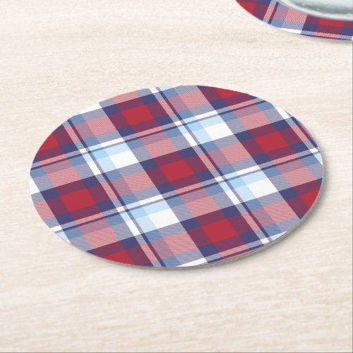 Traditional USA Red White Blue Tartan Pattern Round Paper Coaster