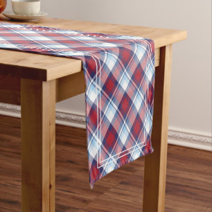 Traditional USA Red White Blue Tartan Pattern Short Table Runner