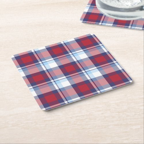 Traditional USA Red White Blue Tartan Pattern Square Paper Coaster