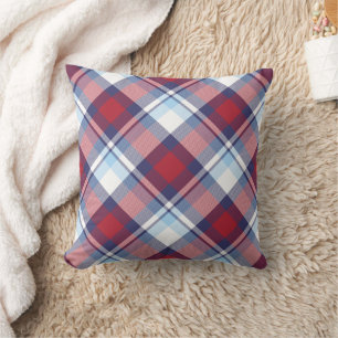 Traditional USA Red White Blue Tartan Pattern Throw Pillow