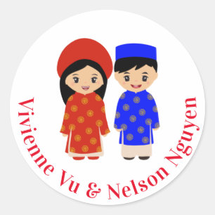 Traditional Vietnamese Ao Dai Wedding Couple Classic Round Sticker