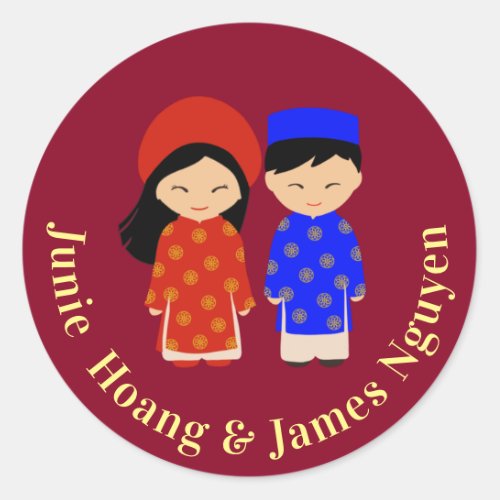 Traditional Vietnamese Ao Dai Wedding Couple Classic Round Sticker