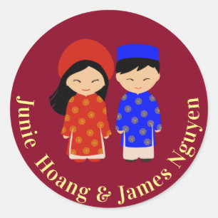 Traditional Vietnamese Ao Dai Wedding Couple Classic Round Sticker