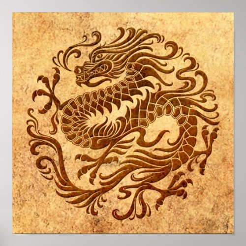 Traditional Vintage and Worn Chinese Dragon Circle Poster