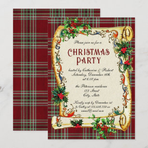Traditional Vintage Christmas Party Scroll Plaid Invitation