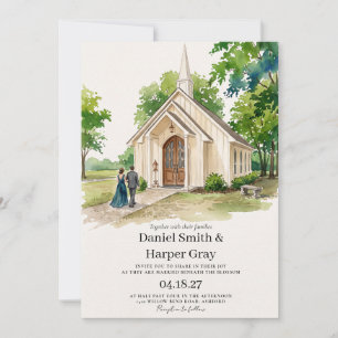 Traditional Watercolor Chapel Christian Wedding Invitation