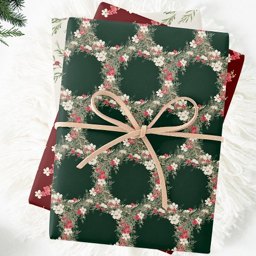 traditional watercolor christmas floral wreath wrapping paper sheets
