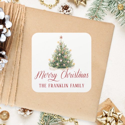Traditional Watercolor Christmas Tree Gift Square Sticker