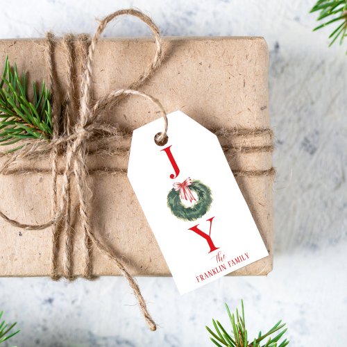 Traditional Watercolor Christmas Wreath Joy Gift Tags