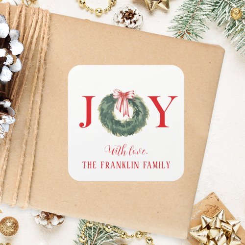 Traditional Watercolor Christmas Wreath Joy Square Sticker