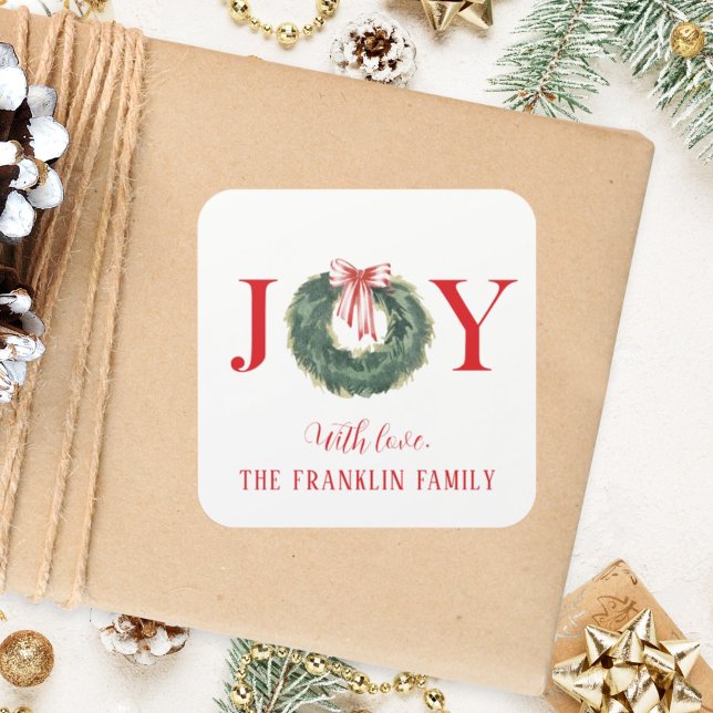 Traditional Watercolor Christmas Wreath Joy Square Sticker (Creator Uploaded)