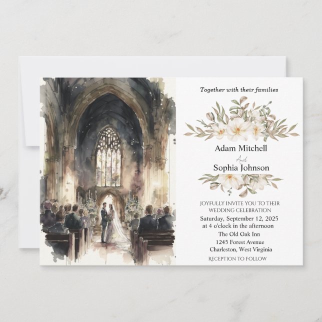 Traditional Watercolor Church Wedding Invitation (Front)