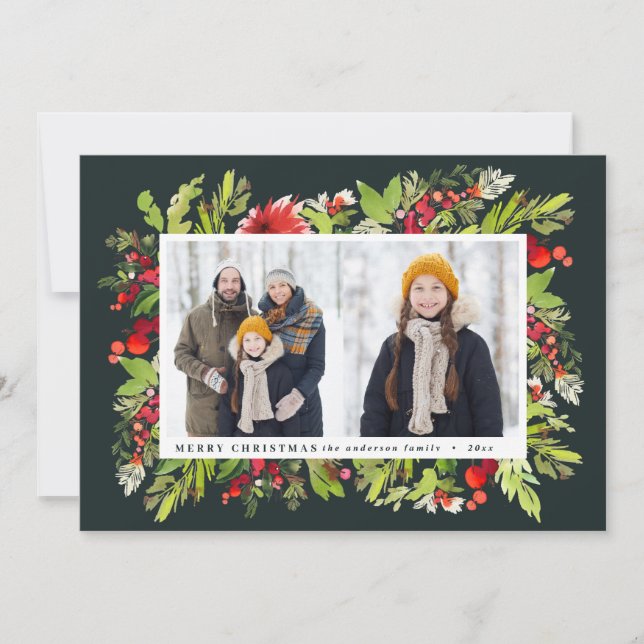 Traditional watercolor floral + foliage christmas holiday card (Front)