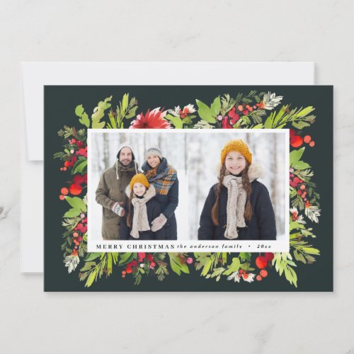Traditional watercolor floral  foliage christmas holiday card