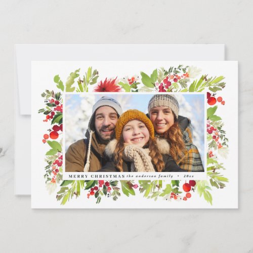 Traditional watercolor floral  foliage christmas holiday card