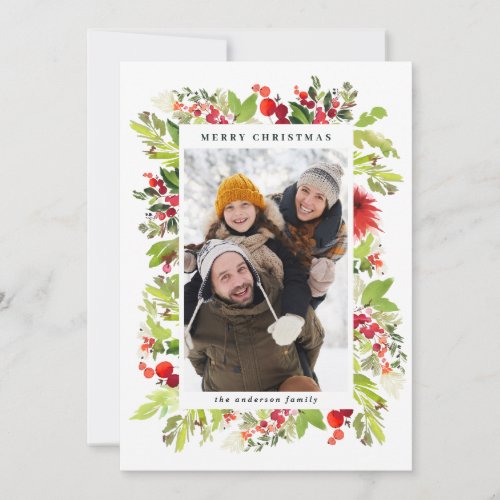 Traditional watercolor floral  foliage christmas holiday card