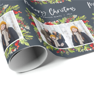 Traditional watercolor foliage + photo christmas wrapping paper