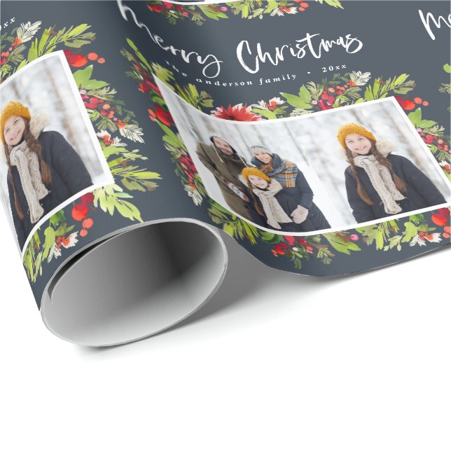 Traditional watercolor foliage + photo christmas wrapping paper (Roll Corner)