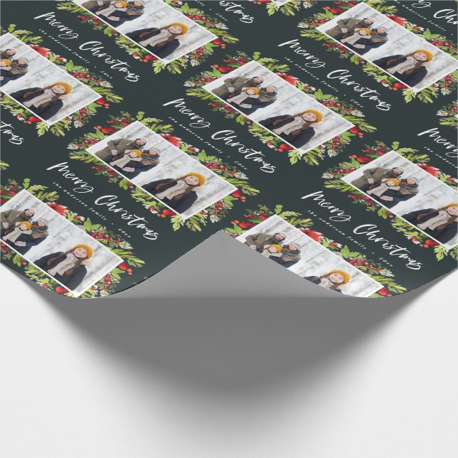 Traditional watercolor foliage + photo christmas wrapping paper (Corner)