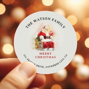 Traditional Watercolor Santa Claus Return Address Classic Round Sticker