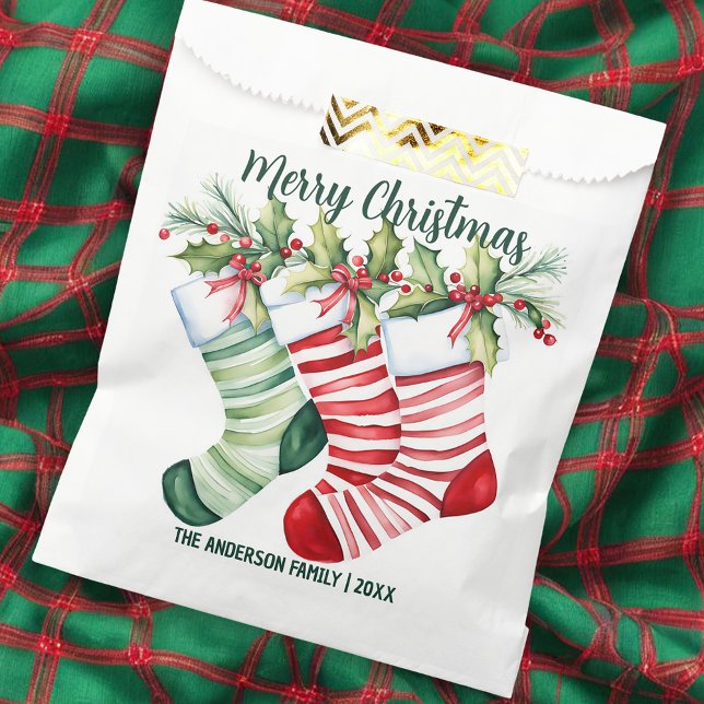 Traditional Watercolor Stocking Family Christmas Favor Bag (Creator Uploaded)