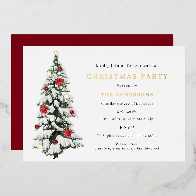 Traditional Watercolor Tree Christmas Party Gold Foil Invitation (Front/Back)