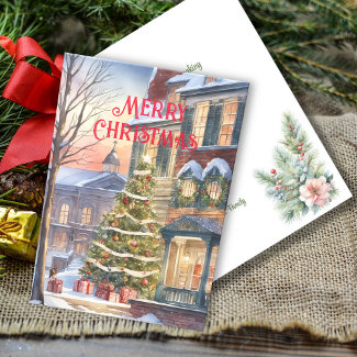 Traditional Watercolor Winter Christmas Tree Scene