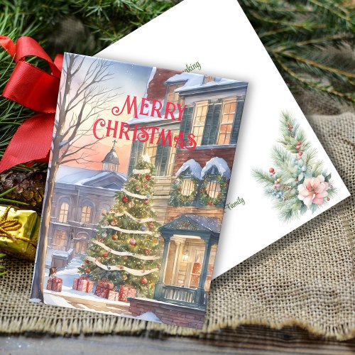 Traditional Watercolor Winter Christmas Tree Scene Holiday Card
