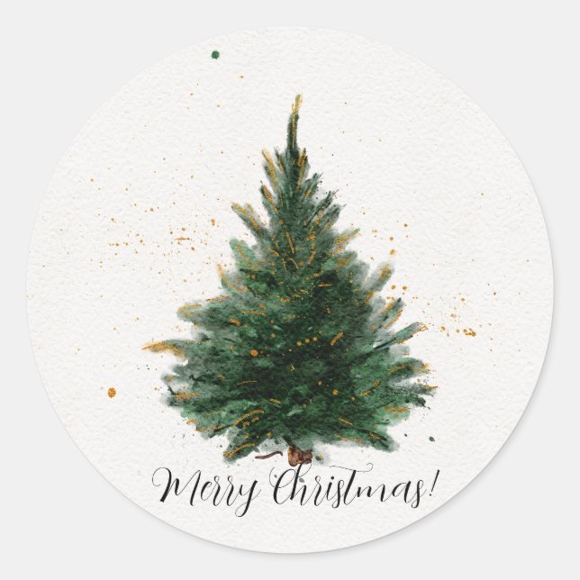 Traditional Watercolour Christmas tree Classic Round Sticker (Front)