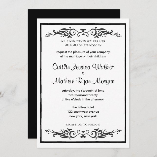 Traditional Wedding Invitation - Flourishes (Front/Back)