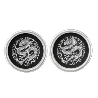 Traditional White and Black Chinese Dragon Circle Cufflinks