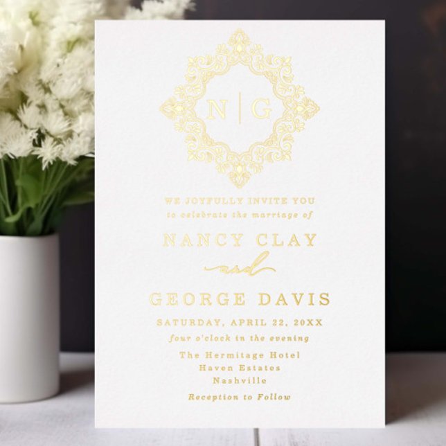 Traditional White and Gold Crest Monogram Wedding Foil Invitation (Creator Uploaded)