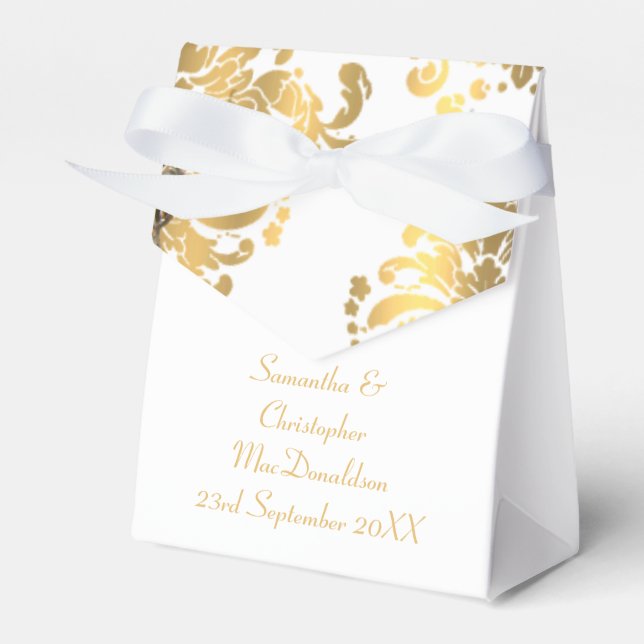 Traditional white and gold damask wedding favor boxes (Front Side)