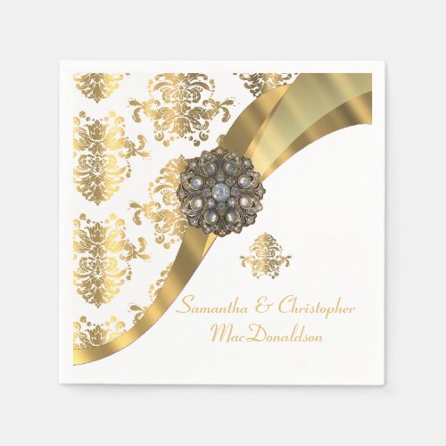 Traditional white and gold damask wedding napkins