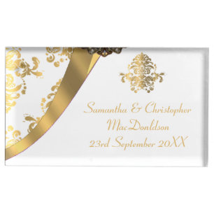 Traditional white and gold damask wedding table card holder