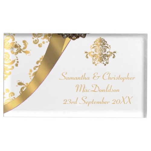 Traditional white and gold damask wedding table card holder