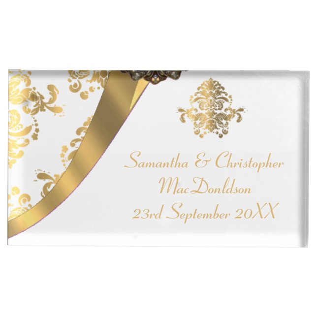 Traditional white and gold damask wedding table card holder (Front)